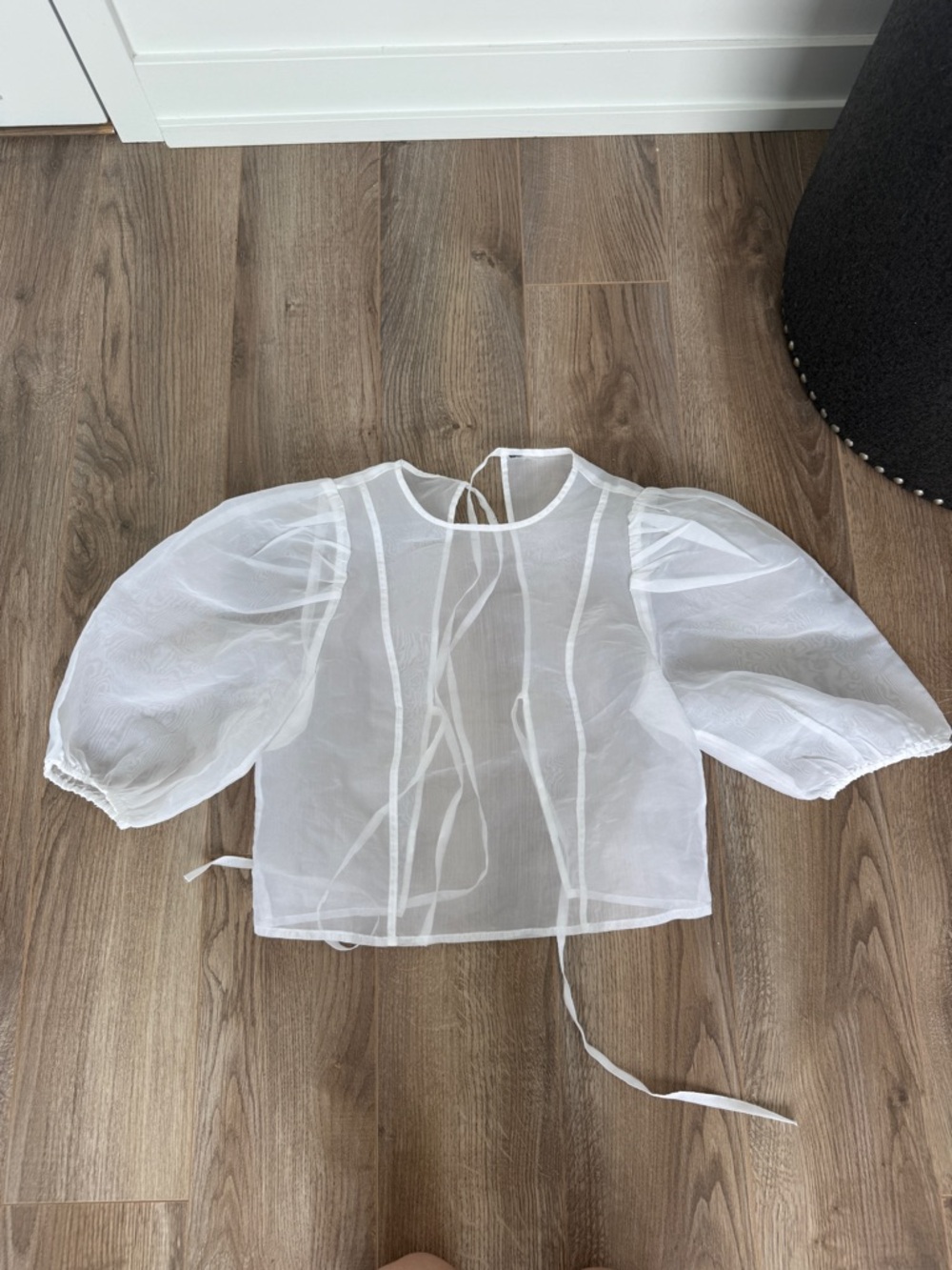 Sheer White Puff Sleeve Tie-Back Blouse